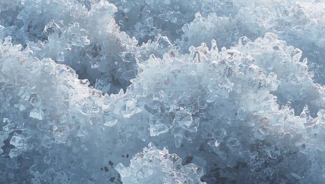 Glittering translucent ice crystal mounds with melt droplets and prismatic facets