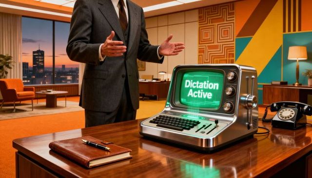 Retro Dictation Computer Displaying Dictation Active Hologram in Midcentury Executive Office