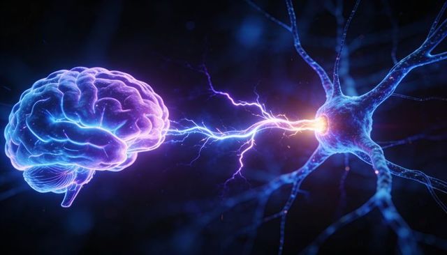 Glowing brain and neuron connecting via electric synapse, neon neural energy concept