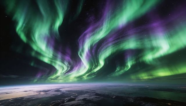 Dancing green and purple aurora curtains swirling over polar horizon with icy coastline