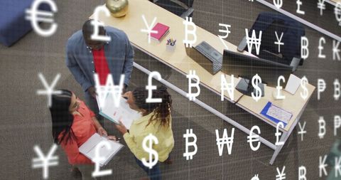 Diverse Team Discussing Finance with Currency Symbol Overlay in Office