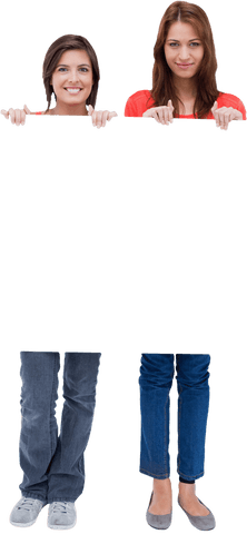 Friends Presenting Blank Transparent Sign with Smiling Expressions