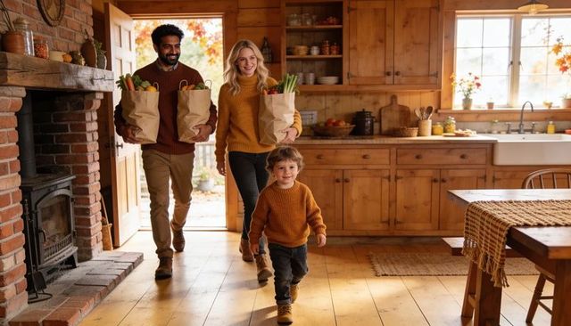 Family entering rustic kitchen carrying paper grocery bags in warm autumn light