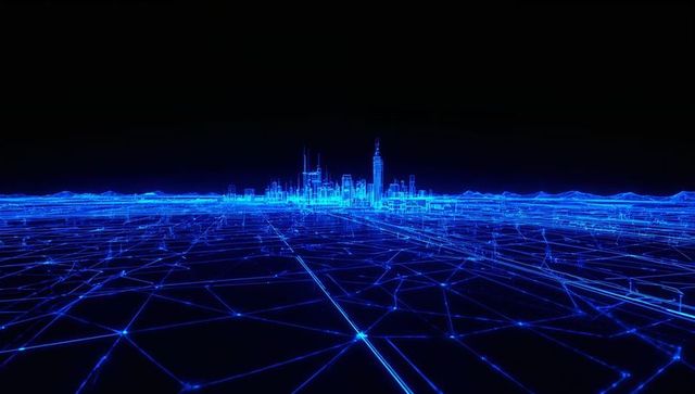 Neon Wireframe City Horizon with Network Grid and Luminous Nodes for Tech Concept