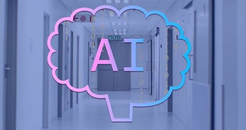 Ai concept in futuristic data center corridor with digital binary overlay