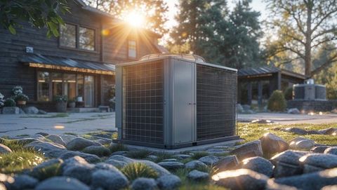 Outdoor hvac condenser in rustic cabin setting at sunrise