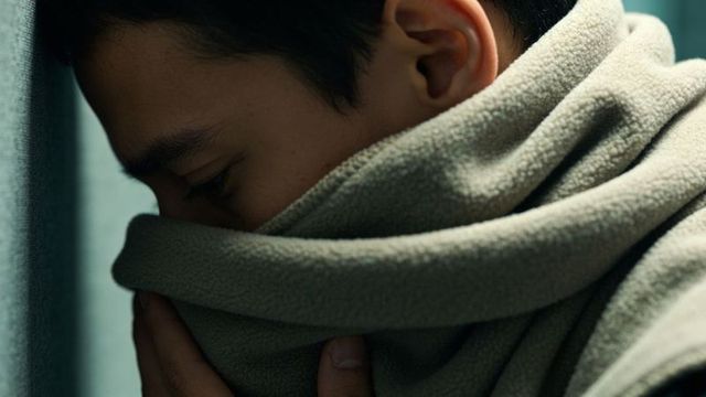 Intimate low-key portrait of young man wrapping fleece around face against teal wall