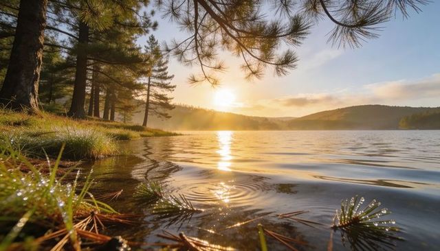 Sun Reflecting Over Pine-Shore Lake With Dewy Foreground and Gentle Ripples