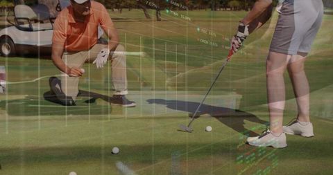 Golfer Putting and Partner Lining Up Putt with Financial Market Overlay