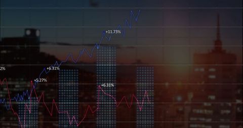 Financial Trends Analytics Over Cityscape at Dusk