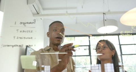 Business team brainstorming ideas on glass board in office