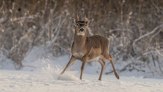 Young buck kicking snow in winter meadow near forest edge, antlers raised and hoofprints