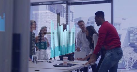 Six-person team collaborating and reviewing bar chart overlay in modern urban office