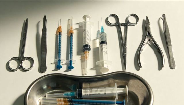 Sterile syringes and surgical instruments neatly arranged on white clinical countertop