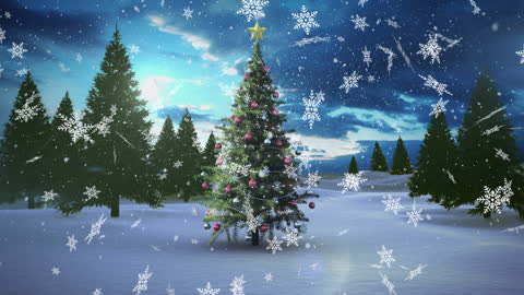 Festive Snowfall Over Christmas Tree in Winter Forest