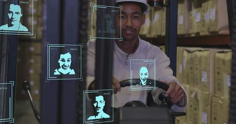 Forklift Operator Navigating Warehouse with Augmented Reality Face Recognition Overlays