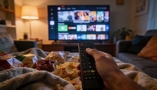 Holding remote and snacking on chips while browsing streaming apps on cozy living room couch