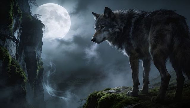 Standing gray wolf on mossy cliff under full moon, misty night wilderness