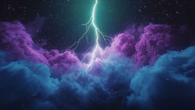 Dramatic Lightning Illuminates Vibrant Teal and Violet Night Sky