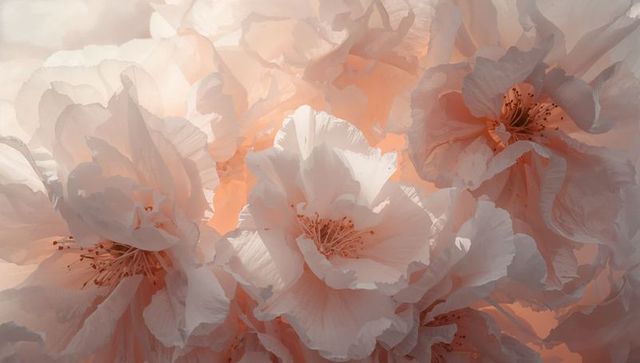 Peony Macro Close-Up Soft Peach Backlit Translucent Ruffled Petals Blossom