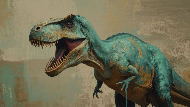 Roaring theropod dinosaur sculpture with distinctive green-blue scales