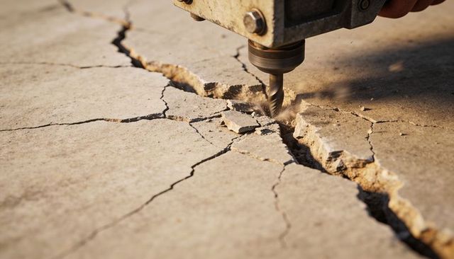 Rotary masonry drill chipping cracked concrete slab, creating dust, debris, and fractures