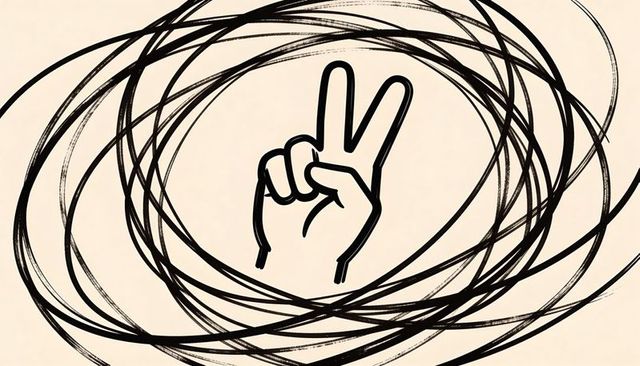 Minimalist peace hand showing victory sign with black brush ring scribbles on beige canvas