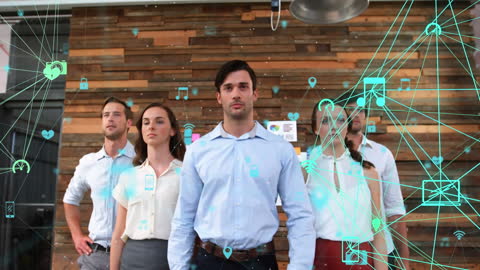 Confident Business Team with Futuristic Data Network Overlay