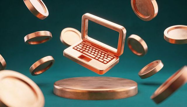 Floating rose-gold laptop hovering among levitating coins over teal pedestal