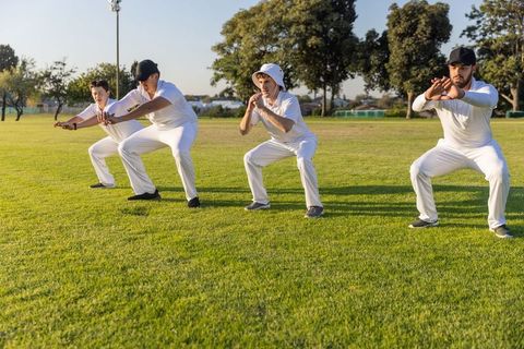 Cricket fielding drills practicing synchronized squats on green outfield at golden hour