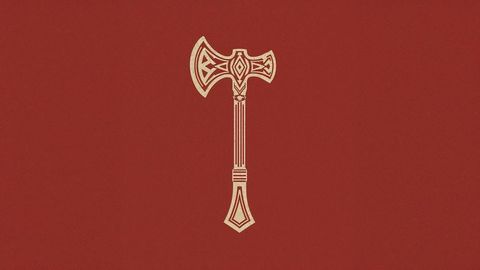 Ornate decorative axe design on deep red background
