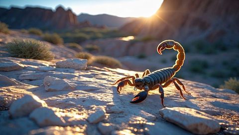 Scorpion poised at sunrise on desert plateau