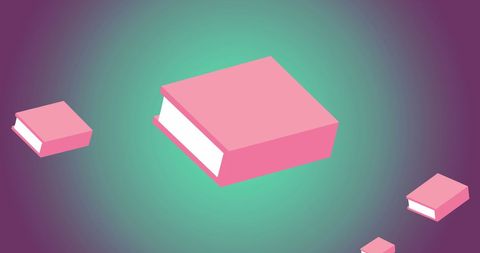 Floating pink book icons on purple and green gradient background