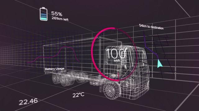 Displays interactive interface for a truck, with data analytics displayed on a digital layout. Showcases battery usage, speed, remaining distance, temperature, and more. Ideal for illustrating advancements in transport technology, logistics monitoring systems, and data visualization.