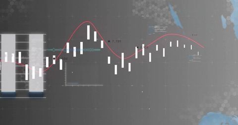 Candlestick chart with red moving average line on dark financial analytics dashboard