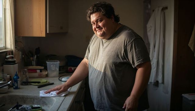 Man wiping kitchen countertop in sunlit home, domestic cleaning candid moment