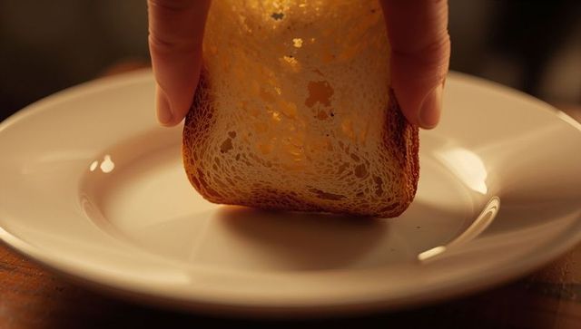 Hand placing porous toast slice upright on white plate warm golden kitchen closeup