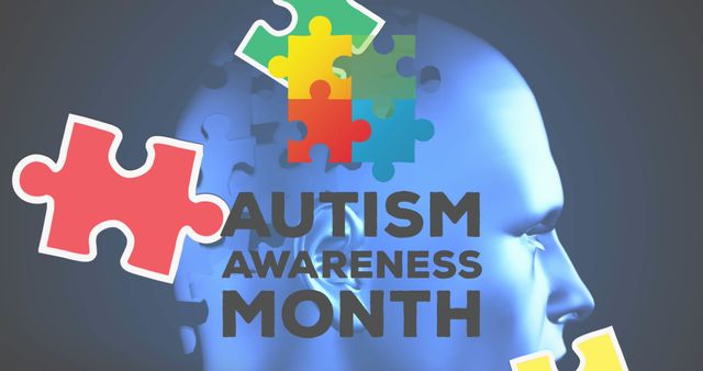 Human head silhouette with colorful puzzle pieces highlights Autism Awareness Month. Useful for promoting awareness events, educational materials, and social media campaigns emphasizing support and inclusion.