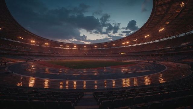 Illuminated stadium at dusk with reflective track
