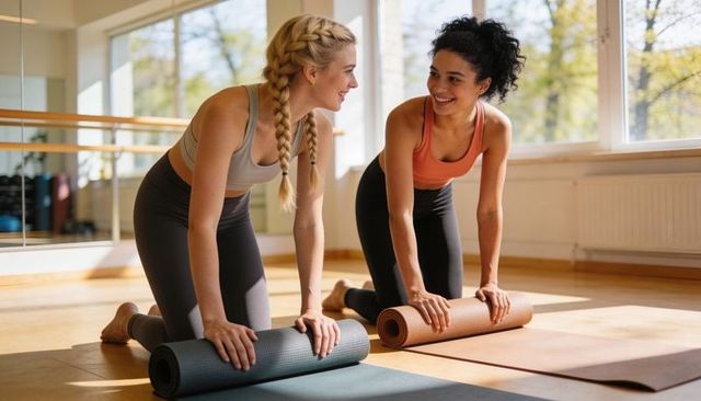 Two women rolling yoga mats and smiling in sunlit fitness studio
