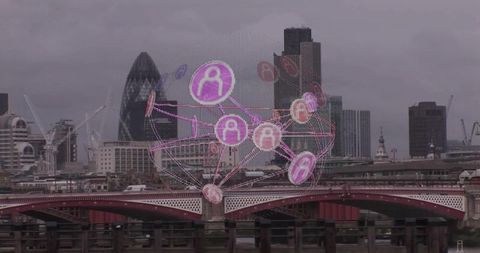 Futuristic connectivity network overlaying london skyline