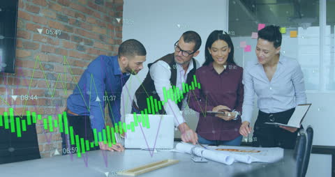 Diverse Team Collaborating on Financial Project with Digital Interface