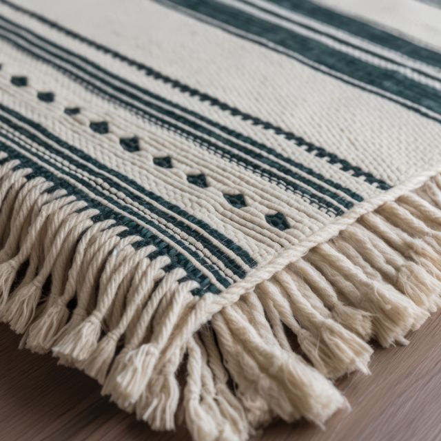 Close-up image of a woven textile rug featuring fringe and detailed geometric patterns. Perfect for use in home decor magazines, interior design catalogs, craft blogs, and advertisements promoting artisan products. Suitable for illustrating traditional craftsmanship and detailing in home textiles.
