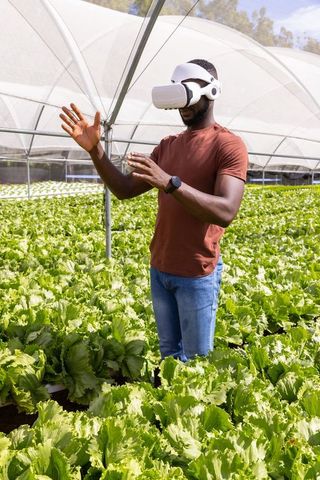 African american man using vr in greenhouse for sustainable farming