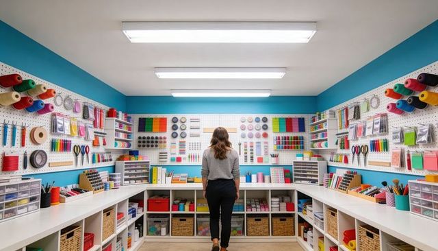 Woman browsing organized craft studio with pegboard storage and colorful supplies
