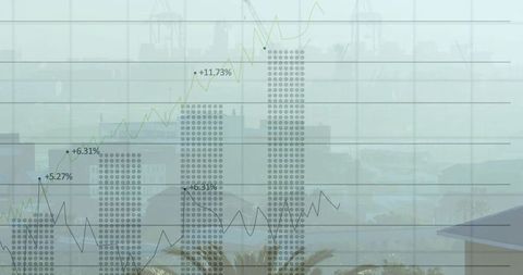 Harbor skyline featuring translucent dotted column chart and rising trend lines