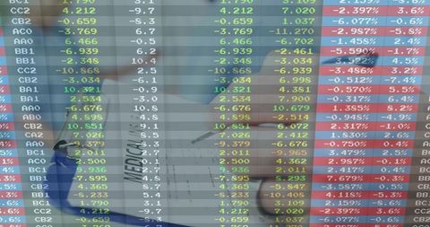 Healthcare professional standing in scrubs with stethoscope overlaid by market ticker