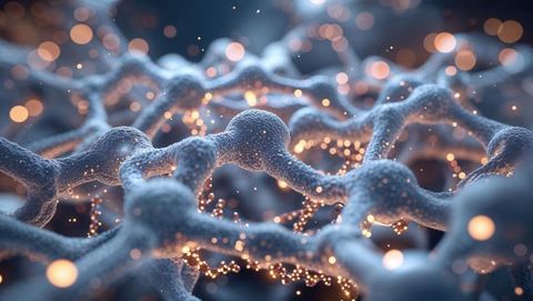 Futuristic tubular microscopic network with glowing nodes