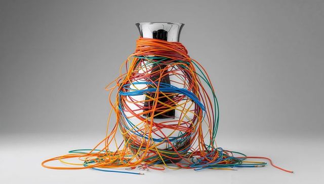 Chrome vase wrapping tangled multicolor wires spilling onto white table reflective still life