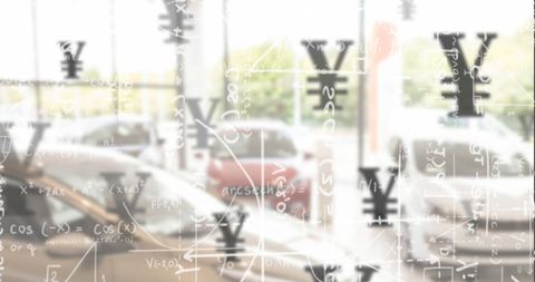 Yen currency and cars with mathematical formulas overlay